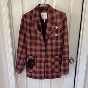 Avec Les Filles Pink and Brown Plaid Blazer with Star Details